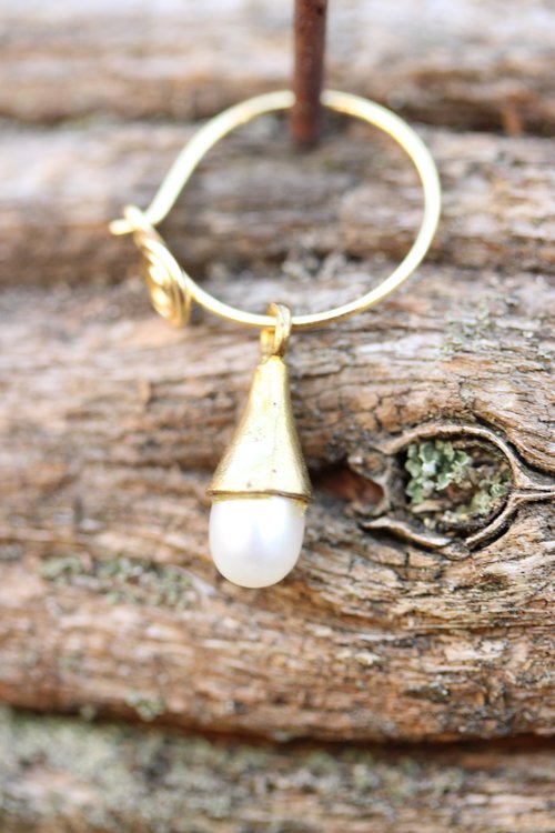 Spiral Hoop Earrings w/ Pearl and Brass Cone Dangles - Historically Inspired