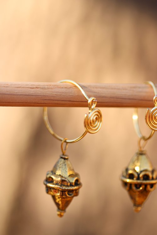 Handmade Spiral Hoop Earrings w/ Brass Bicone Dangles - Historically Inspired, Modern Aesthetic