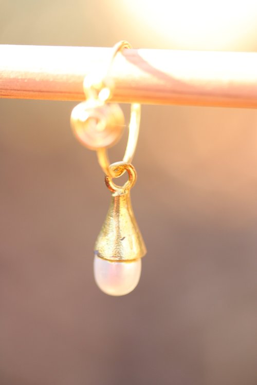 Spiral Hoop Earrings w/ Pearl and Brass Cone Dangles - Historically Inspired