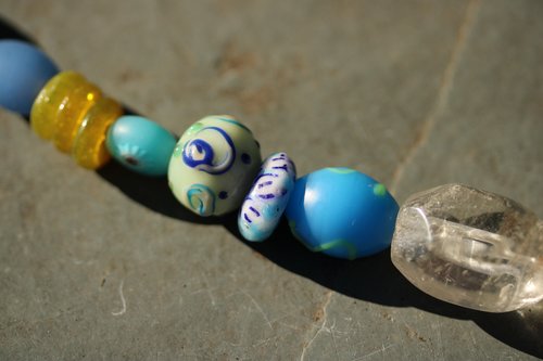 Viking Style Treasure Bead Festoon with Large Quartz Rock Crystal Focal Bead and Lampwork and Recycled Glass - Norse SCA Medieval LARP