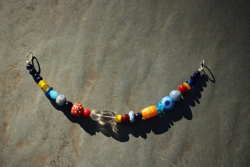 Viking Style Treasure Bead Festoon with Large Quartz Rock Crystal Focal Bead and Lampwork and Recycled Glass - Norse SCA Medieval LARP