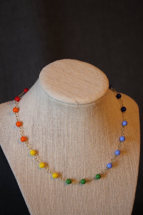 GAY PRIDE Rainbow Colors Necklace with Glass Beads Captured on Handmade Roman Chain