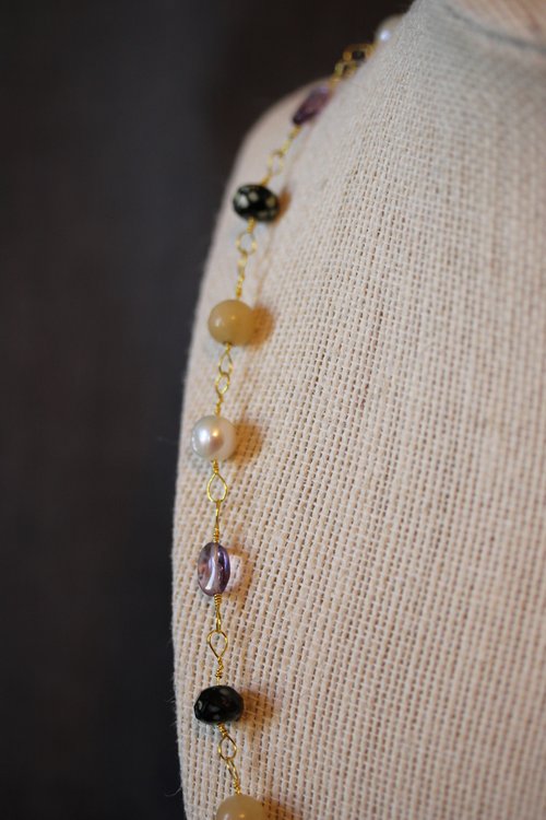Ancient Roman Inspired Non-Binary Enby PRIDE Colors Necklace with Yellow Aventurine, Pearl, Amethyst, and Glass (SCA LARP Queer Genderqueer)