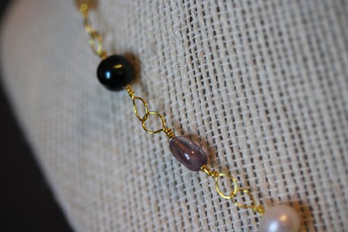 Ancient Roman Inspired Non-Binary Enby PRIDE Colors Necklace with Yellow Citrine, White Pearl, Amethyst, and Black Pearl