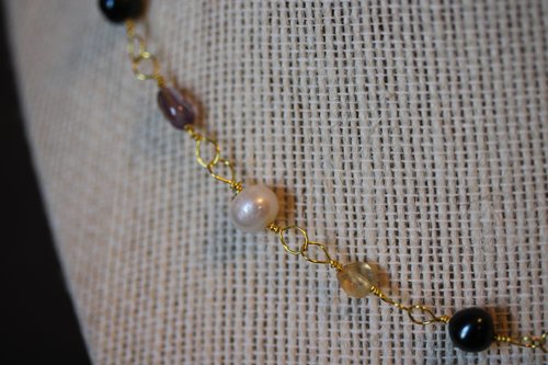 Ancient Roman Inspired Non-Binary Enby PRIDE Colors Necklace with Yellow Citrine, White Pearl, Amethyst, and Black Pearl