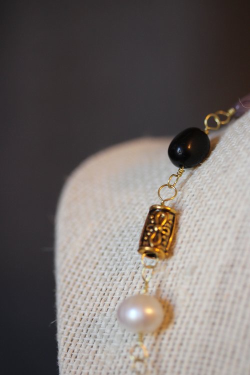 Non-Binary PRIDE x Ancient Roman Style Necklace with Golden Brass, White Pearl, Amethyst, and Black Stone Beads Enby Nonbinary SCA LARP