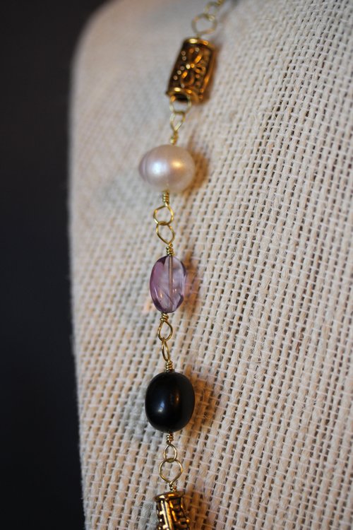 Non-Binary PRIDE x Ancient Roman Style Necklace with Golden Brass, White Pearl, Amethyst, and Black Stone Beads Enby Nonbinary SCA LARP