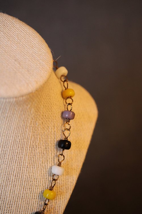 Ancient Roman Inspired Non-Binary Enby PRIDE Colors Necklace with Yellow, White, Purple, and Black Glass Beads on Bronze Chain Genderqueer