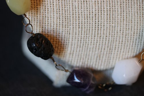 Non-Binary Enby Pride Colors CHONKY Genstone Necklace with Lemon Quartz, Snow Quartz, Amethyst, and Lava Stone - Bold Queer Statement Piece