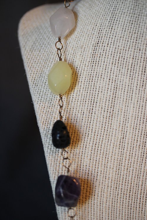 Non-Binary Enby Pride Colors CHONKY Genstone Necklace with Lemon Quartz, Snow Quartz, Amethyst, and Lava Stone - Bold Queer Statement Piece