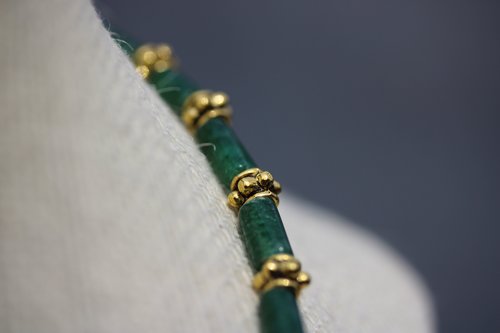 Green Gem and Gold Tone Beaded Necklace, Egyptian - Living History SCA LARP Witch Pagan Hippie Festival