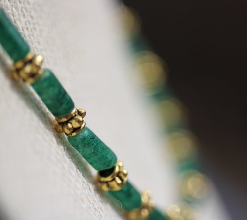 Green Gem and Gold Tone Beaded Necklace, Egyptian - Living History SCA LARP Witch Pagan Hippie Festival