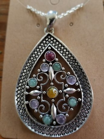 Byzantine Inspired Multi Gem and Pewter Pendant on Simple Chain