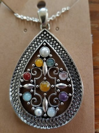 Byzantine Inspired Multi Gem and Pewter Pendant on Simple Chain