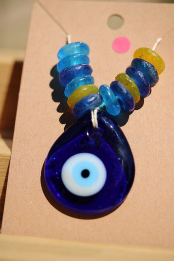 Evil Eye Pendant with Ghanaian Recycled Glass Beads on Black Hemp Cord