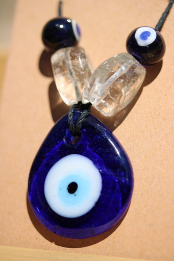 Clear Quartz Glass Evil Eye Protection Pendant and Beads on Black Hemp Cord