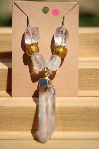 Clear Quartz Pendant with Quartz and Gold Foiled Glass Beads