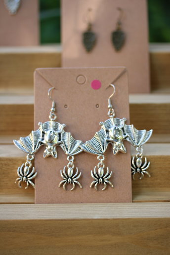 Spider Bats Antiqued Silver Tone Earrings