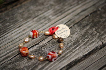 Peach Pearl And Red and White Swirl Glass Roman Inspired Bracelet
