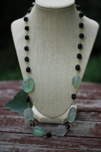 Hefty Fluorite and Onyx Beaded Chain Necklace for Healing, Protection, and Mental Strength