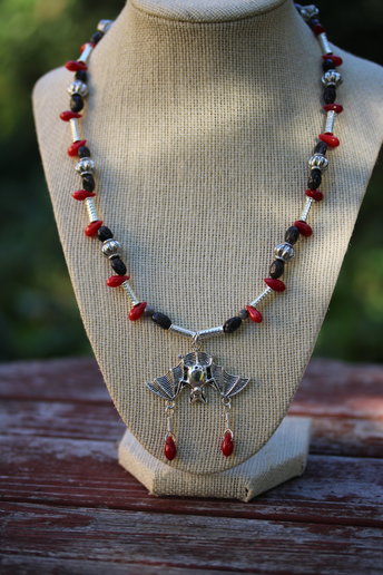 "Bat Blood" Metal, Coral, and Labradorite Necklace with Magnetic Clasp
