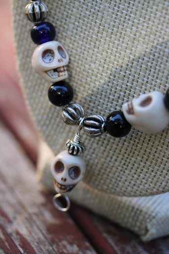 Nine Skulls Necklace with Labradorite, Lava Rock, Pearl, and Metal