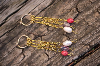 Coral Pearl and Amethyst Byzantine Style Earrings