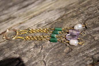 Byzantine Style Earrings With Pearl, Amethyst, and Emerald Green Aventurine