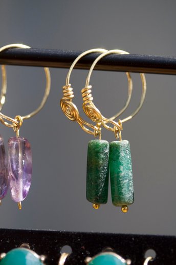 Imperial Roman or Byzantine Emerald Green Aventurine and Brass Hoop Earrings