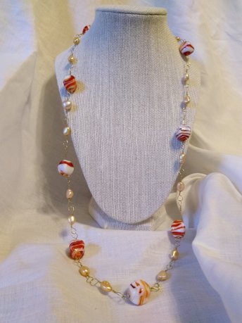 Imperial Roman Inspired Swirled Glass & Freshwater Pearl Beaded Chain Necklace Holiday Vibes