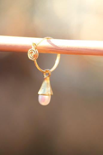 Spiral Hoop Earrings w/ Pearl and Brass Cone Dangles - Historically Inspired