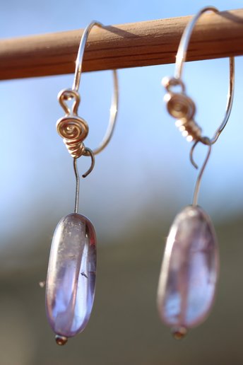Silver Amethyst Spiral Hoop Earrings Inspired by Ancient Artifact