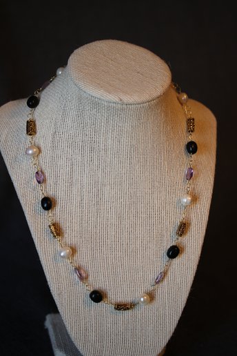 Non-Binary PRIDE x Ancient Roman Style Necklace with Golden Brass, White Pearl, Amethyst, and Black Stone Beads Enby Nonbinary SCA LARP