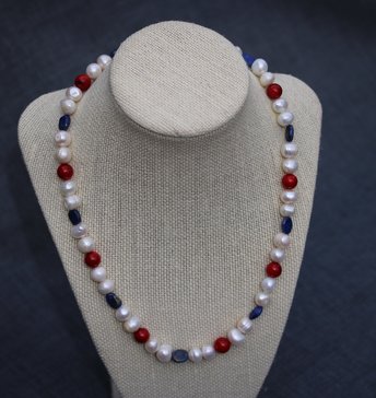 Late Medieval Early Renaissance Style Pearl Lapis Lazuli and Coral Necklace offered in Two Lengths - SCA Byzantine Living History LARP Witch